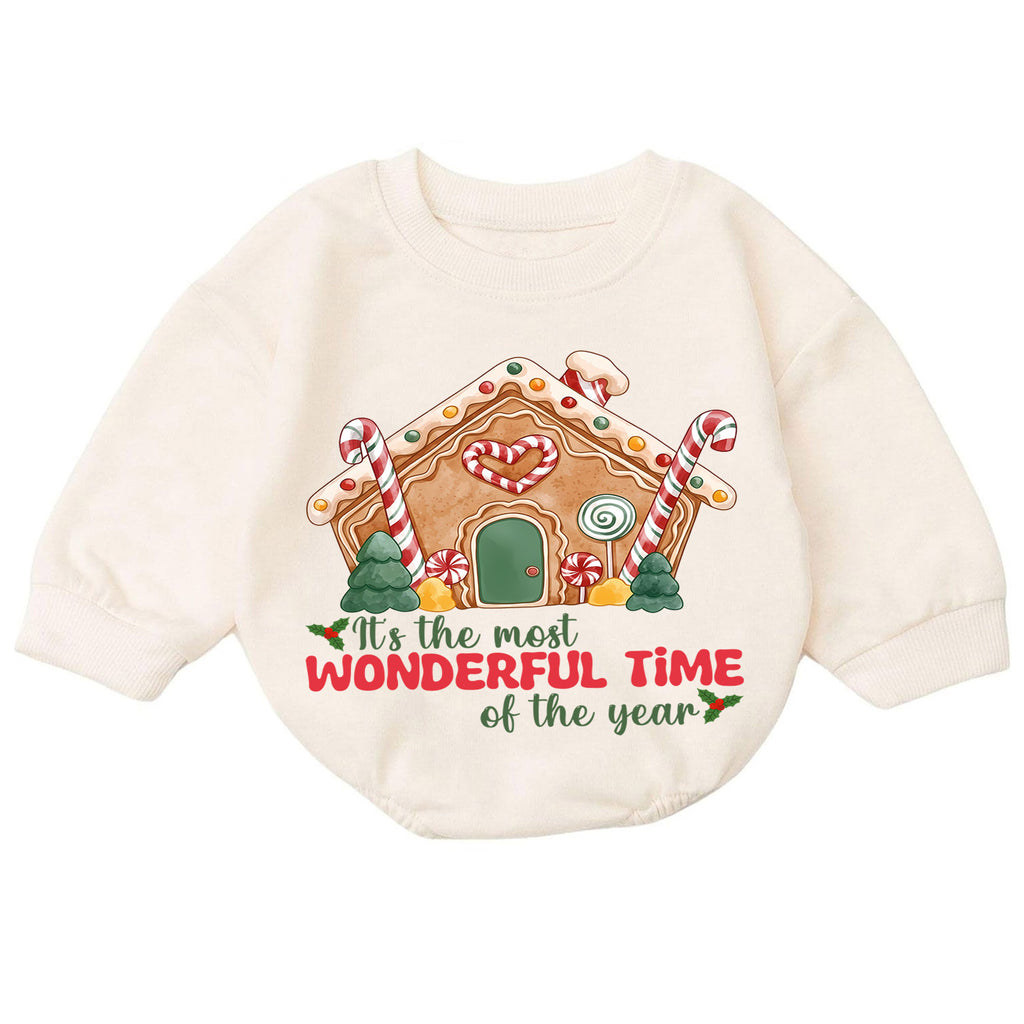 Most Wonderful Time Gingerbread House Baby Romper, Candy Cane Christmas Outfit, Cute Holiday Xmas Romper, Gingerbread Gift for Baby — product view 7