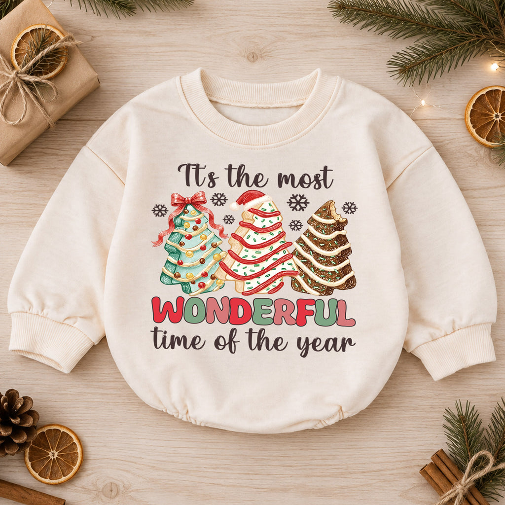 Most Wonderful Time Christmas Baby Romper, Christmas Tree Cookie Outfit, Toddler Holiday Romper, Cute 1st Christmas Gift — product view 1