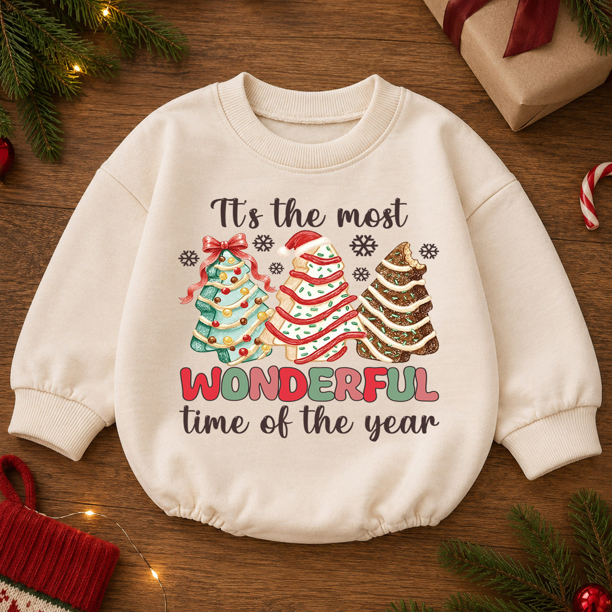 Most Wonderful Time Christmas Baby Romper, Christmas Tree Cookie Outfit, Toddler Holiday Romper, Cute 1st Christmas Gift — product view 2