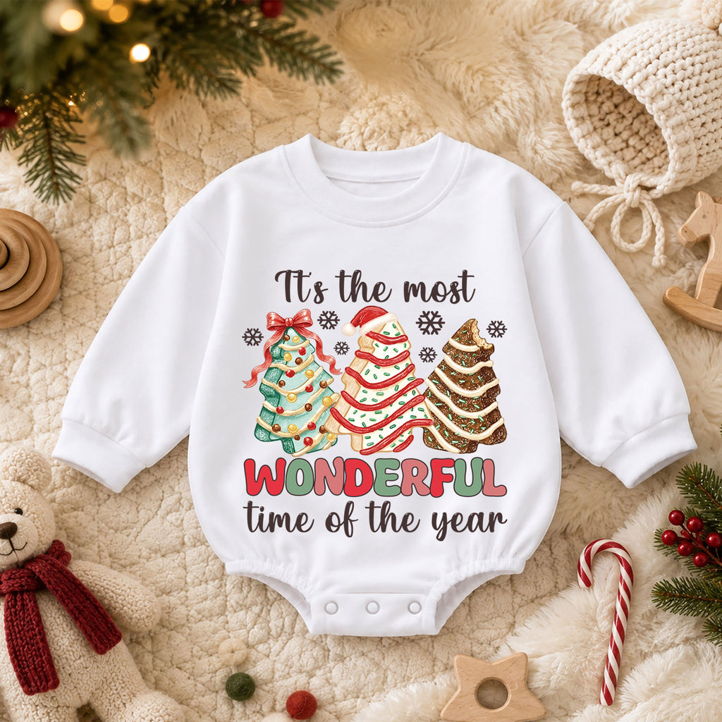 Most Wonderful Time Christmas Baby Romper, Christmas Tree Cookie Outfit, Toddler Holiday Romper, Cute 1st Christmas Gift — product view 3