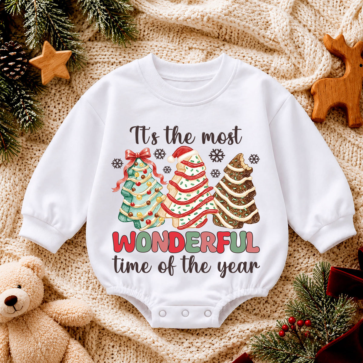Most Wonderful Time Christmas Baby Romper, Christmas Tree Cookie Outfit, Toddler Holiday Romper, Cute 1st Christmas Gift — product view 4