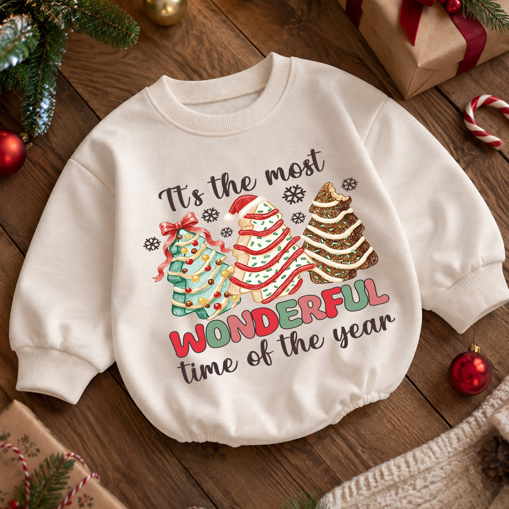 Most Wonderful Time Christmas Baby Romper, Christmas Tree Cookie Outfit, Toddler Holiday Romper, Cute 1st Christmas Gift — product view 5