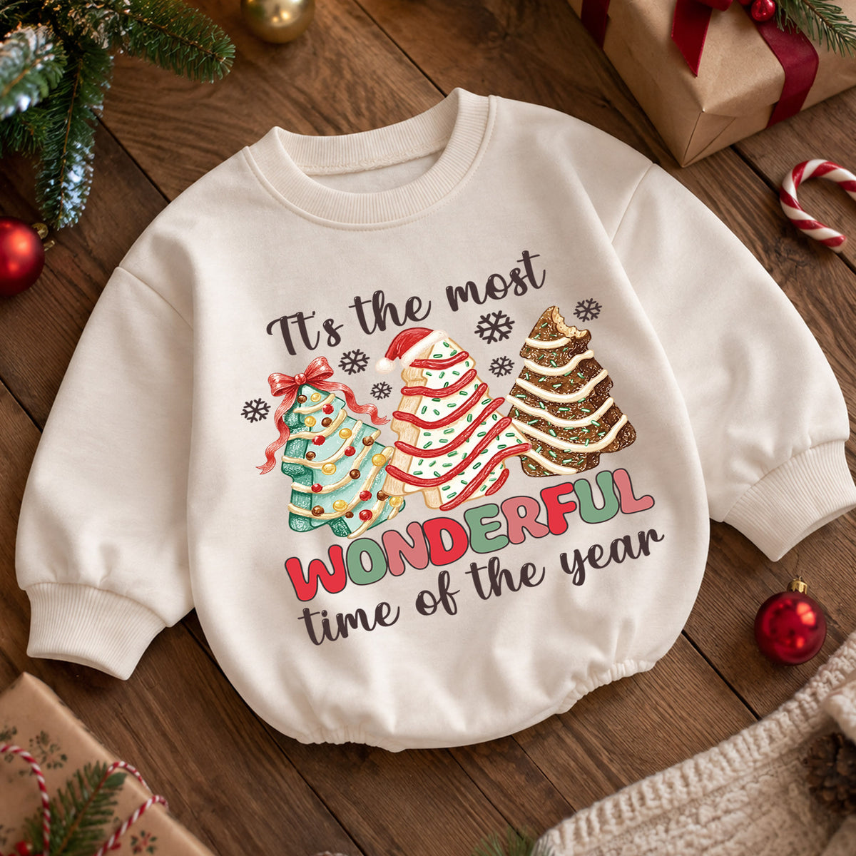 Most Wonderful Time Christmas Baby Romper, Christmas Tree Cookie Outfit, Toddler Holiday Romper, Cute 1st Christmas Gift — product view 5