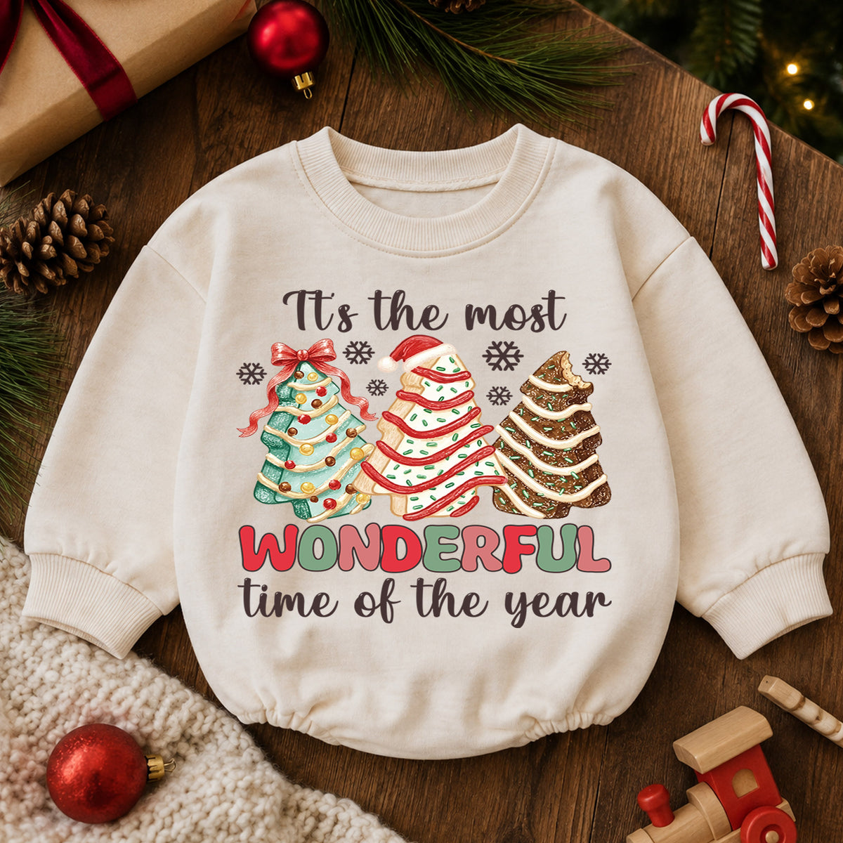 Most Wonderful Time Christmas Baby Romper, Christmas Tree Cookie Outfit, Toddler Holiday Romper, Cute 1st Christmas Gift — product view 6
