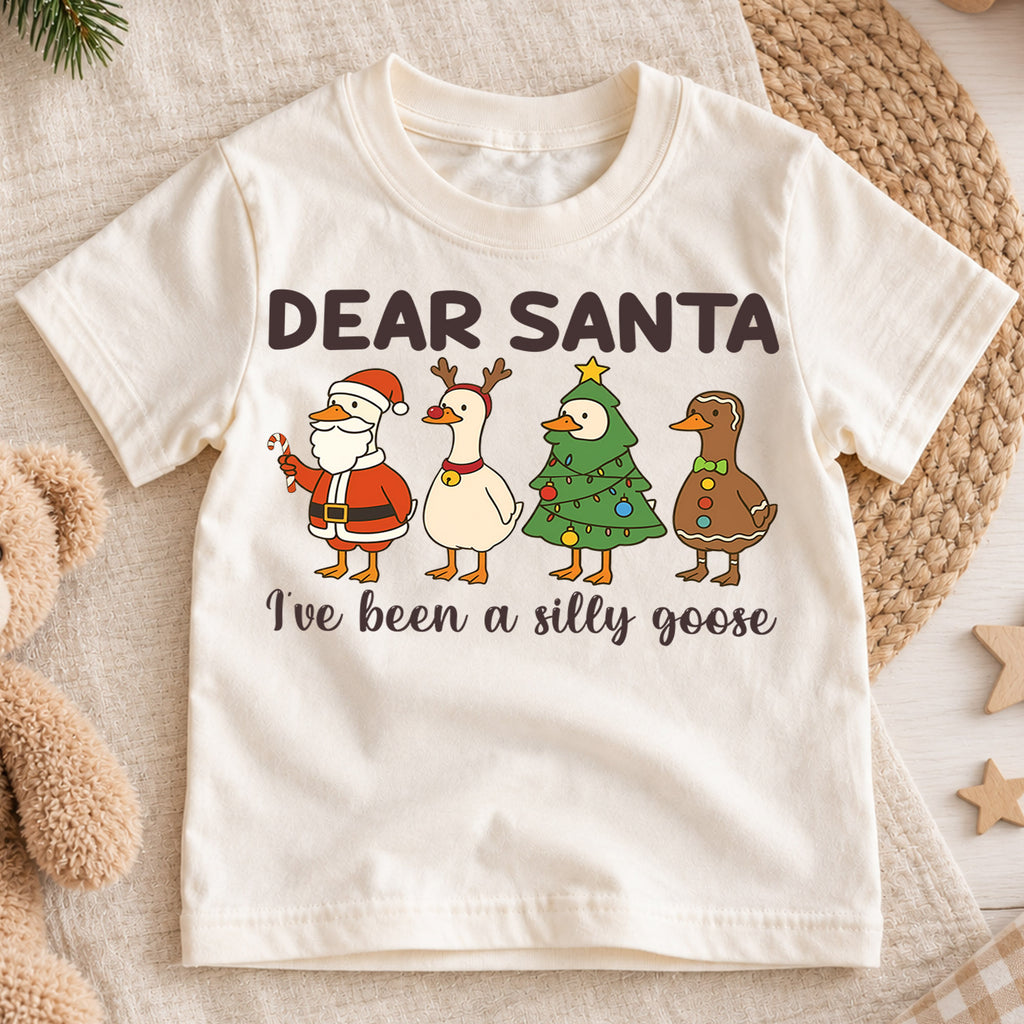 Dear Santa I’ve Been a Silly Goose Kids Shirt, Funny Goose Christmas Tee, Toddler Holiday Outfit, Cute Xmas Gift, Festive Duck Top — product view 1