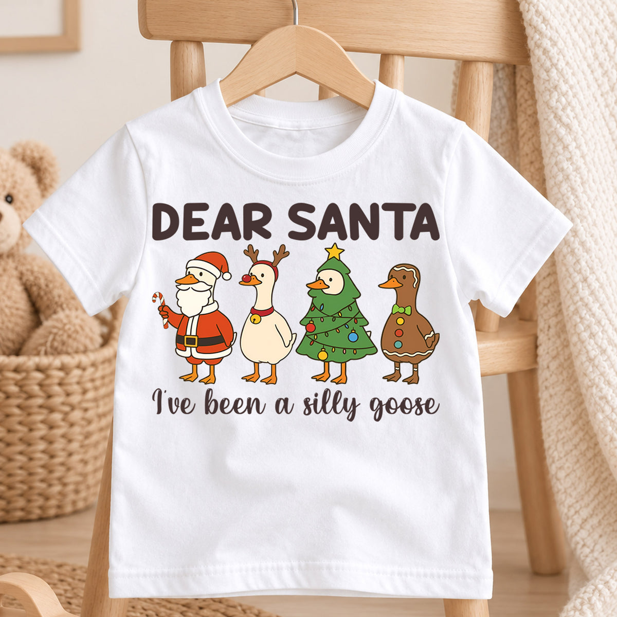 Dear Santa I’ve Been a Silly Goose Kids Shirt, Funny Goose Christmas Tee, Toddler Holiday Outfit, Cute Xmas Gift, Festive Duck Top — product view 4