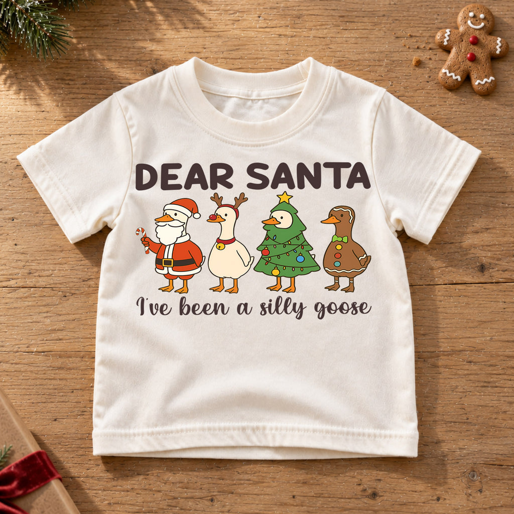 Dear Santa I’ve Been a Silly Goose Kids Shirt, Funny Goose Christmas Tee, Toddler Holiday Outfit, Cute Xmas Gift, Festive Duck Top — product view 6