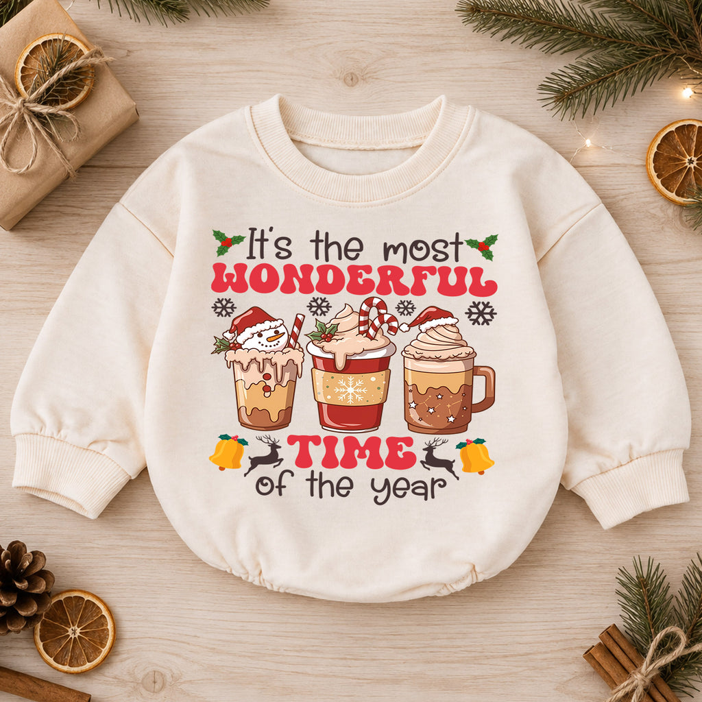 Most Wonderful Time Hot Cocoa Baby Romper, Christmas Coffee Cup Holiday Outfit, 1st Cozy Winter Drink Xmas Romper Gift for Baby — product view 1