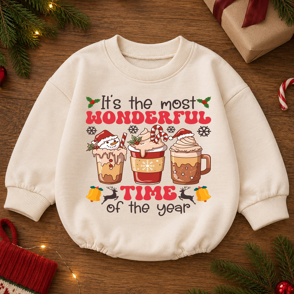 Most Wonderful Time Hot Cocoa Baby Romper, Christmas Coffee Cup Holiday Outfit, 1st Cozy Winter Drink Xmas Romper Gift for Baby — product view 2