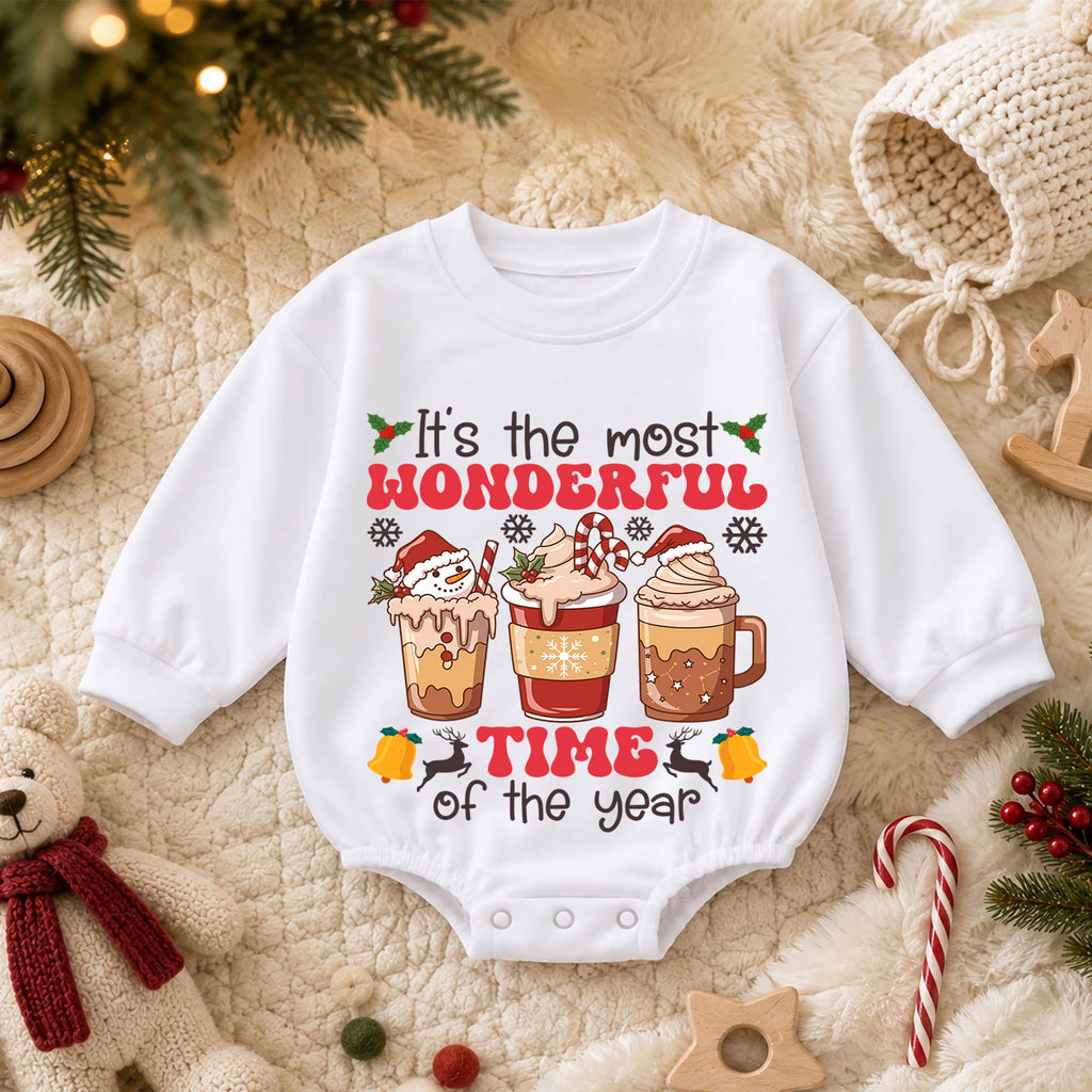 Most Wonderful Time Hot Cocoa Baby Romper, Christmas Coffee Cup Holiday Outfit, 1st Cozy Winter Drink Xmas Romper Gift for Baby — product view 3