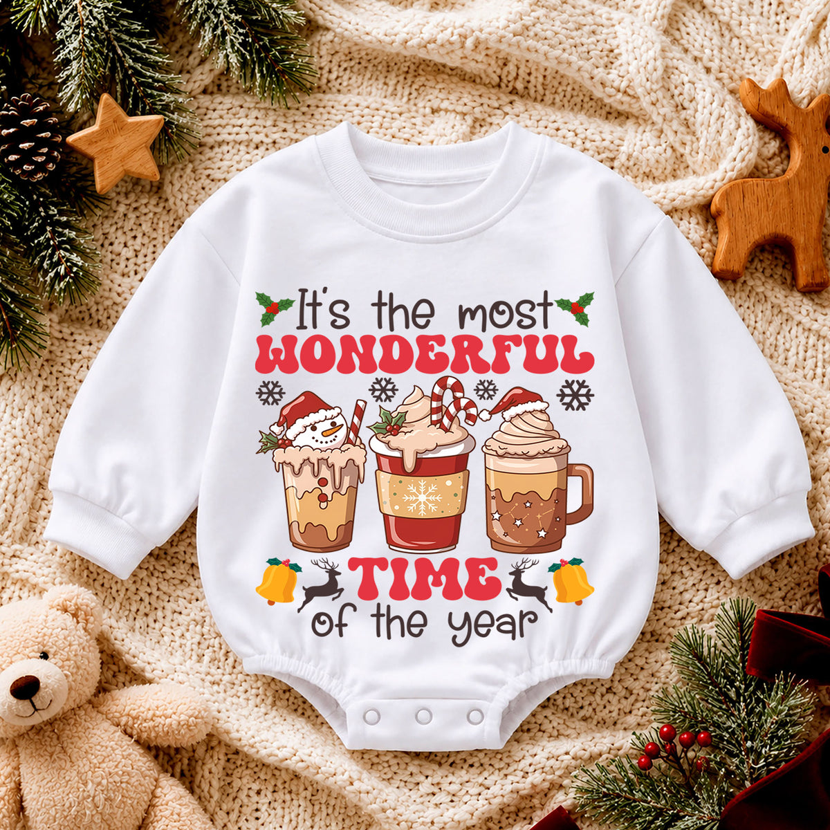 Most Wonderful Time Hot Cocoa Baby Romper, Christmas Coffee Cup Holiday Outfit, 1st Cozy Winter Drink Xmas Romper Gift for Baby — product view 4