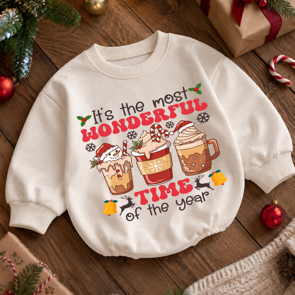 Most Wonderful Time Hot Cocoa Baby Romper, Christmas Coffee Cup Holiday Outfit, 1st Cozy Winter Drink Xmas Romper Gift for Baby — product view 5