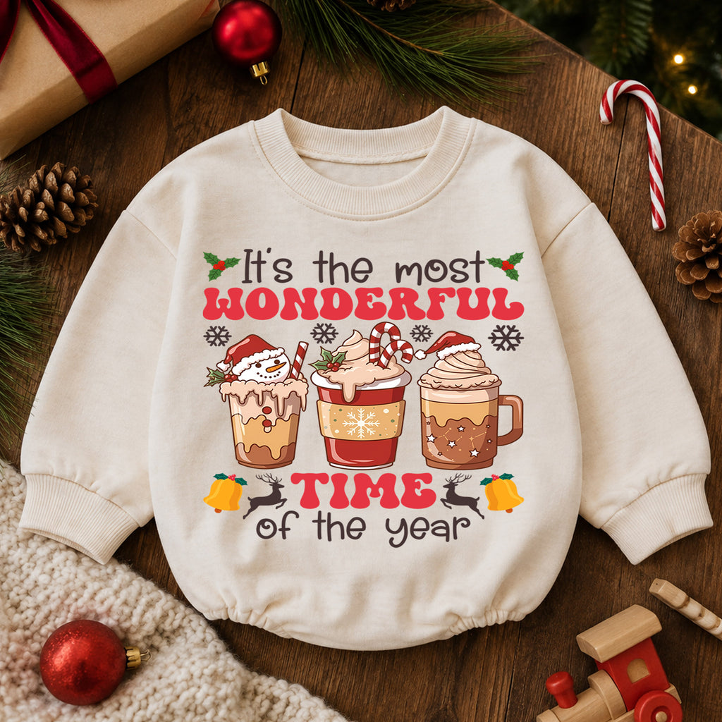 Most Wonderful Time Hot Cocoa Baby Romper, Christmas Coffee Cup Holiday Outfit, 1st Cozy Winter Drink Xmas Romper Gift for Baby — product view 6