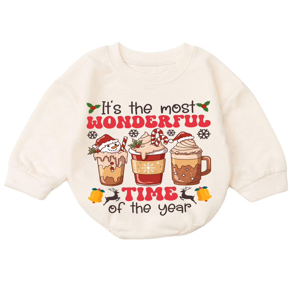 Most Wonderful Time Hot Cocoa Baby Romper, Christmas Coffee Cup Holiday Outfit, 1st Cozy Winter Drink Xmas Romper Gift for Baby — product view 7