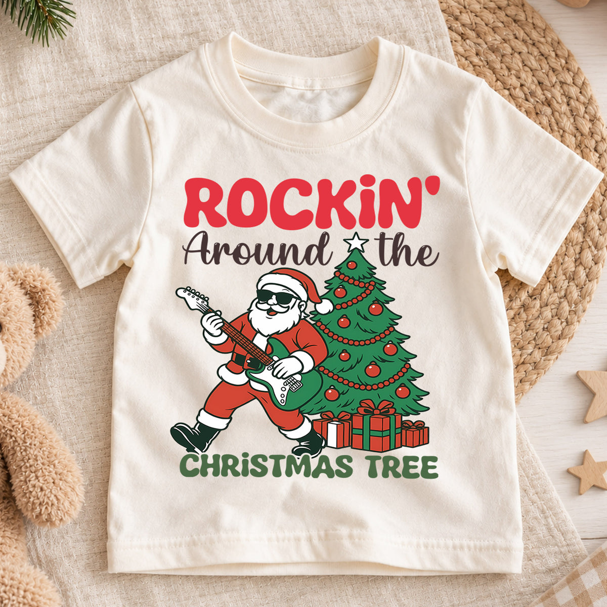 Rockin Around the Christmas Tree Kids Shirt, Santa Guitar Holiday Tee, Funny Music Christmas Outfit, Toddler Xmas Gift for Little Kids — product view 1