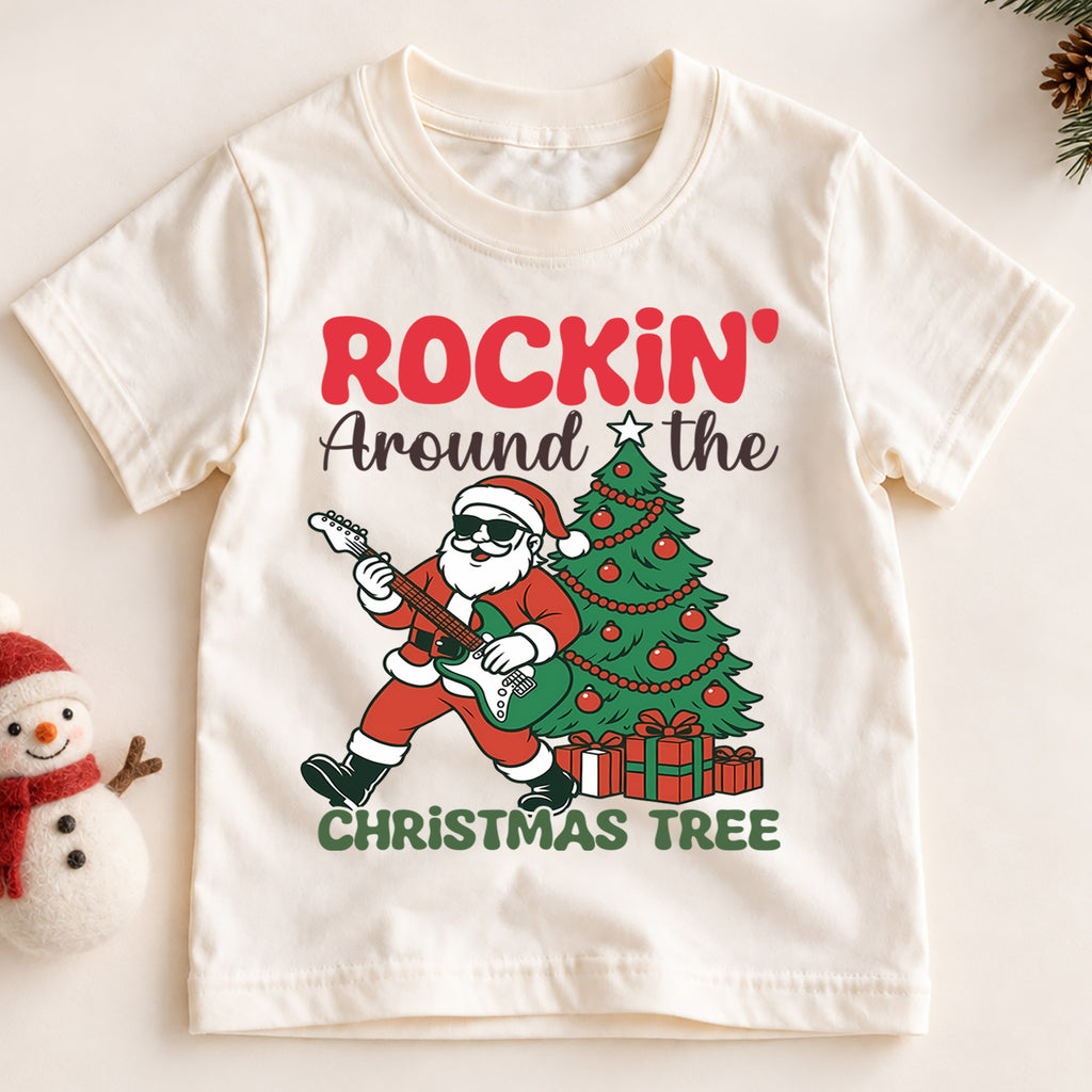 Rockin Around the Christmas Tree Kids Shirt, Santa Guitar Holiday Tee, Funny Music Christmas Outfit, Toddler Xmas Gift for Little Kids — product view 2