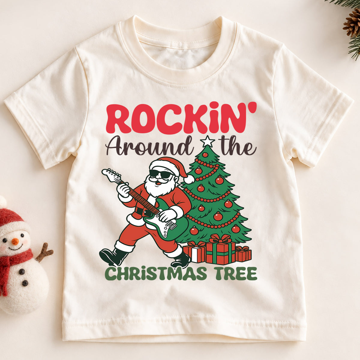 Rockin Around the Christmas Tree Kids Shirt, Santa Guitar Holiday Tee, Funny Music Christmas Outfit, Toddler Xmas Gift for Little Kids — product view 2