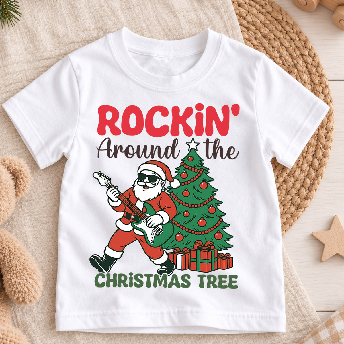 Rockin Around the Christmas Tree Kids Shirt, Santa Guitar Holiday Tee, Funny Music Christmas Outfit, Toddler Xmas Gift for Little Kids — product view 3