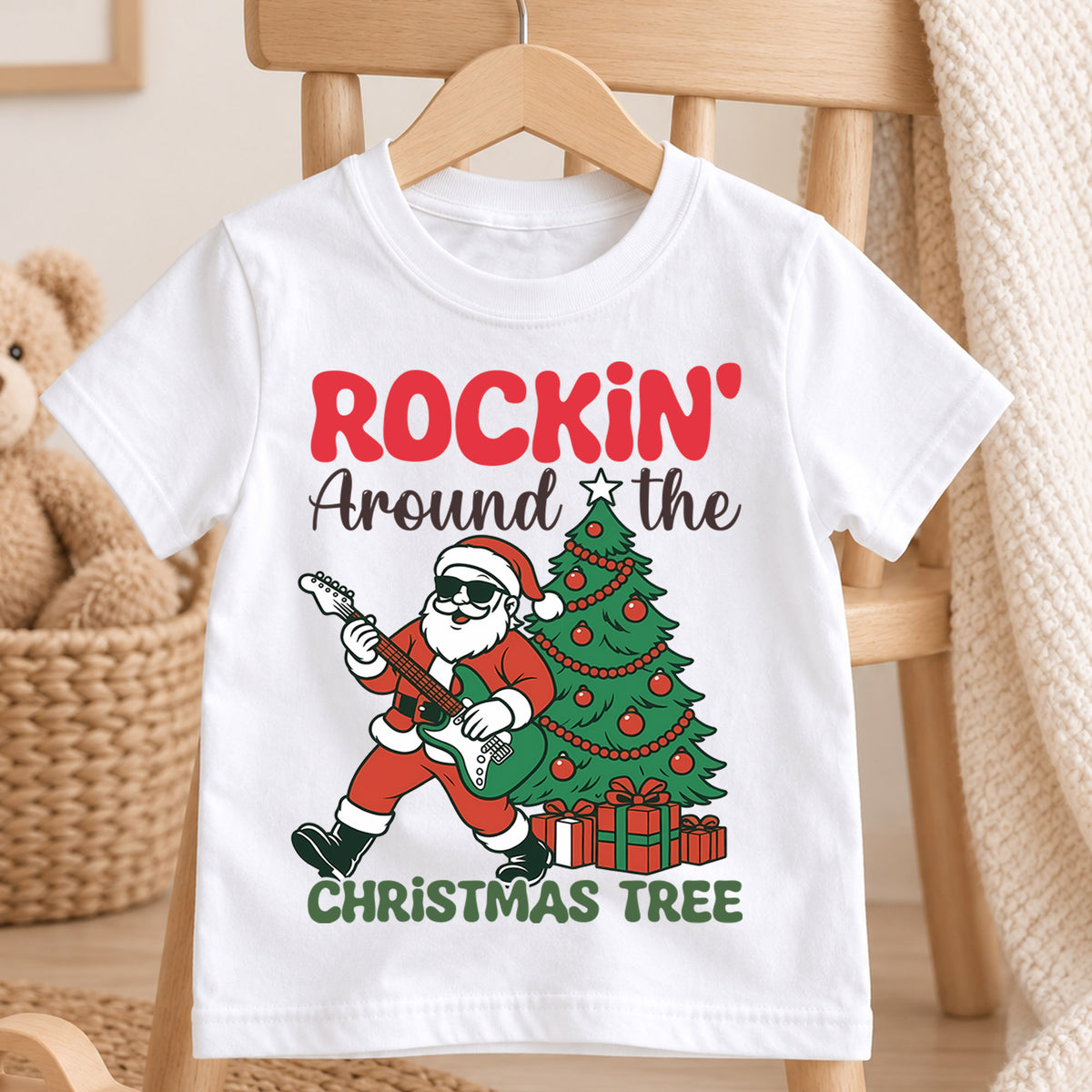 Rockin Around the Christmas Tree Kids Shirt, Santa Guitar Holiday Tee, Funny Music Christmas Outfit, Toddler Xmas Gift for Little Kids — product view 4