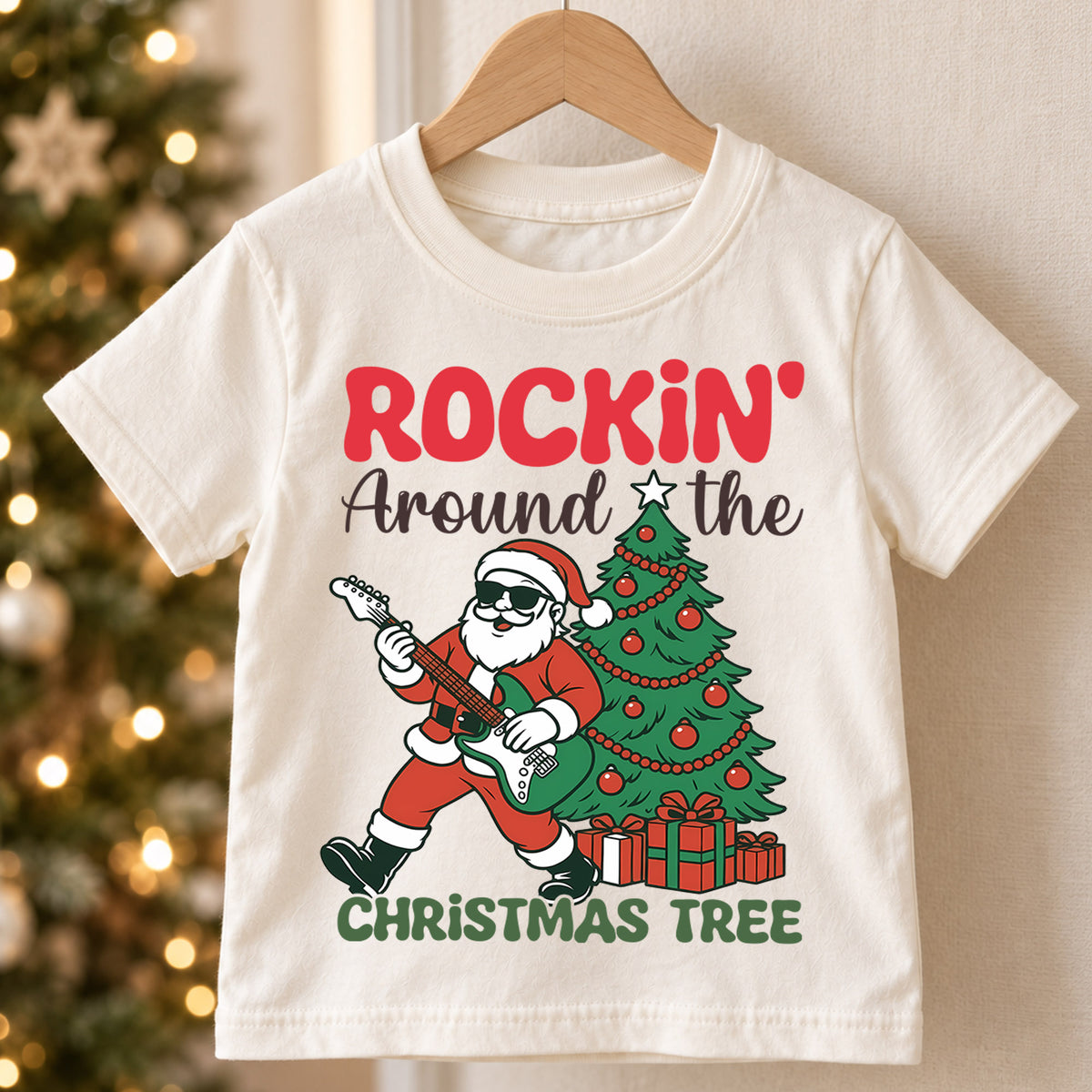 Rockin Around the Christmas Tree Kids Shirt, Santa Guitar Holiday Tee, Funny Music Christmas Outfit, Toddler Xmas Gift for Little Kids — product view 5