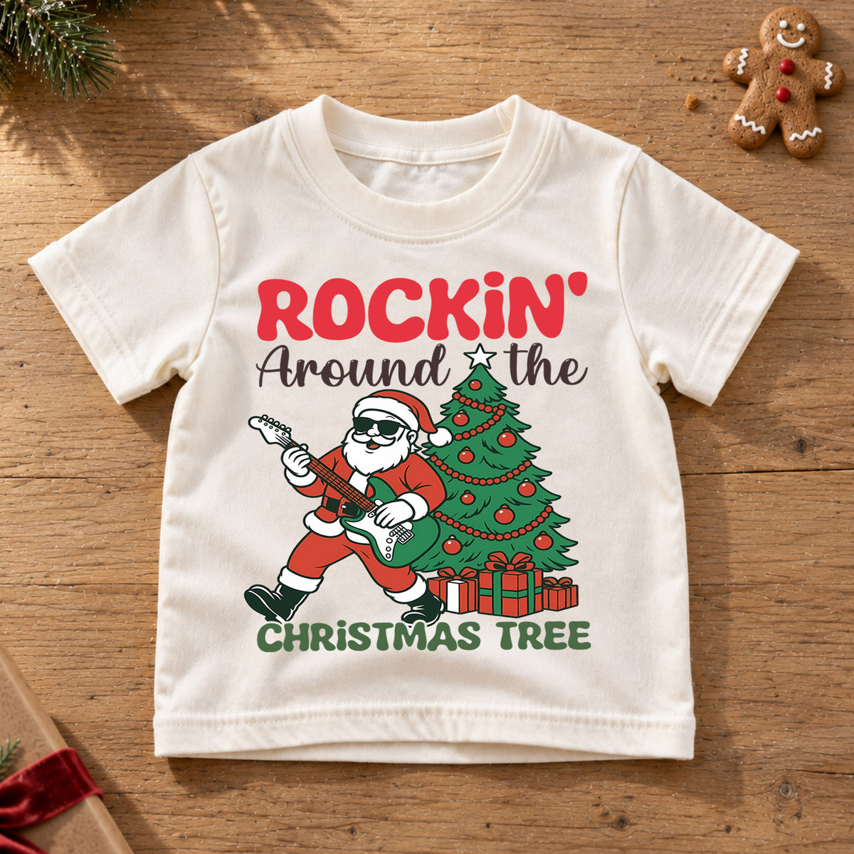 Rockin Around the Christmas Tree Kids Shirt, Santa Guitar Holiday Tee, Funny Music Christmas Outfit, Toddler Xmas Gift for Little Kids — product view 6