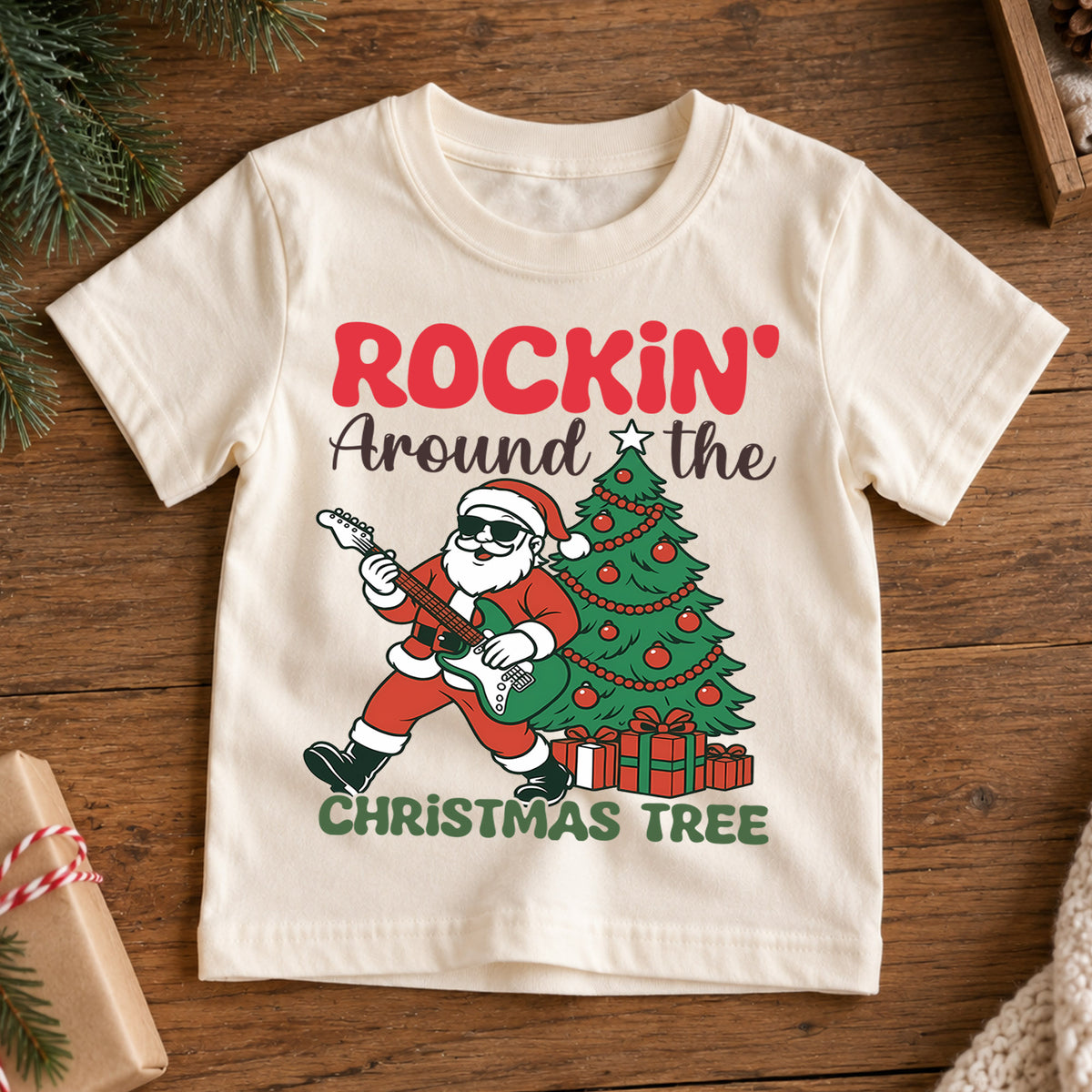 Rockin Around the Christmas Tree Kids Shirt, Santa Guitar Holiday Tee, Funny Music Christmas Outfit, Toddler Xmas Gift for Little Kids — product view 7