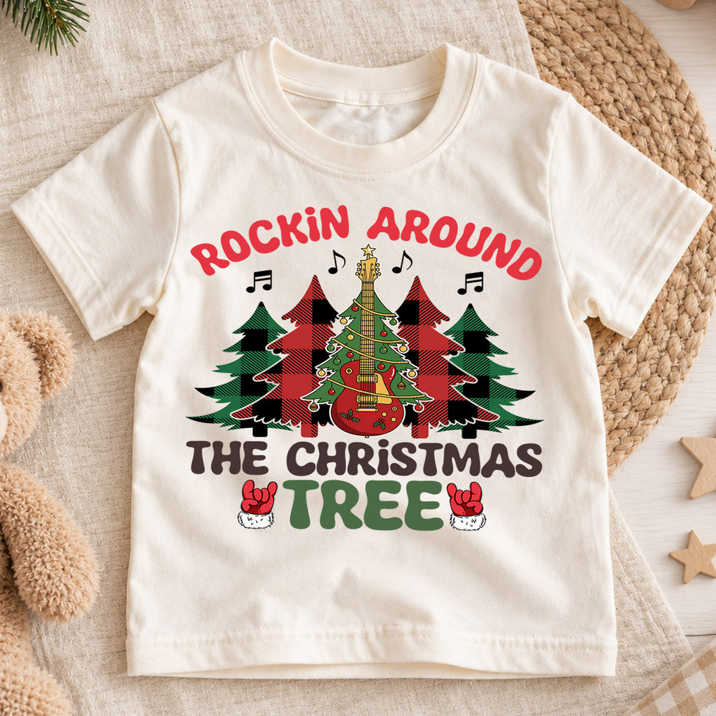 Rockin Around The Christmas Tree Shirt, Retro Holiday Tree Tee, Guitar Xmas Kids Outfit, Rock and Roll Holiday Top, Gift For Kids Kids Tee — product view 1