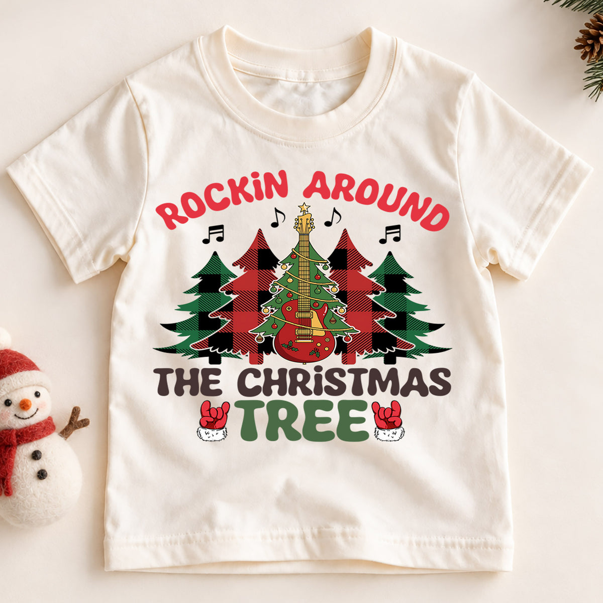 Rockin Around The Christmas Tree Shirt, Retro Holiday Tree Tee, Guitar Xmas Kids Outfit, Rock and Roll Holiday Top, Gift For Kids Kids Tee — product view 2