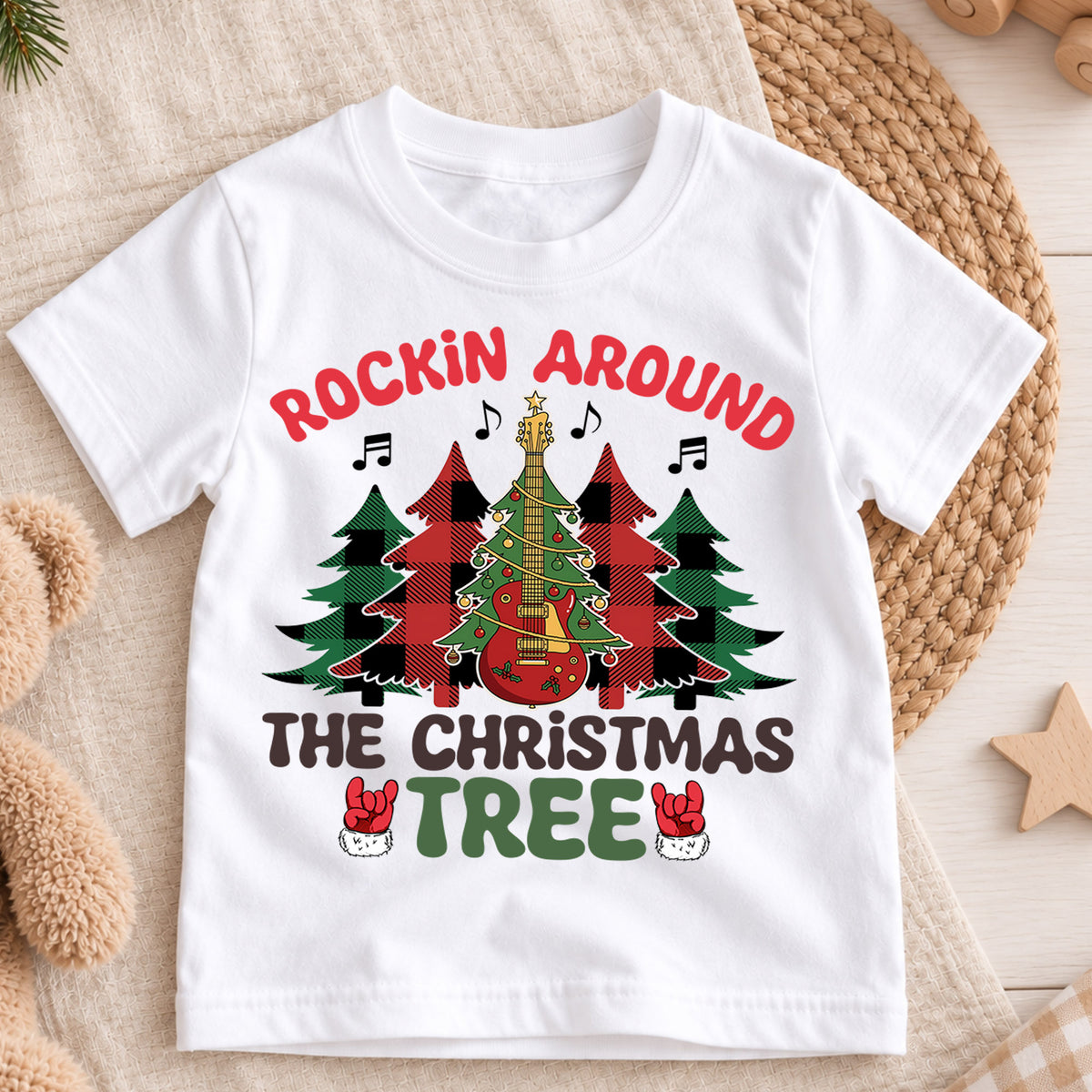 Rockin Around The Christmas Tree Shirt, Retro Holiday Tree Tee, Guitar Xmas Kids Outfit, Rock and Roll Holiday Top, Gift For Kids Kids Tee — product view 3