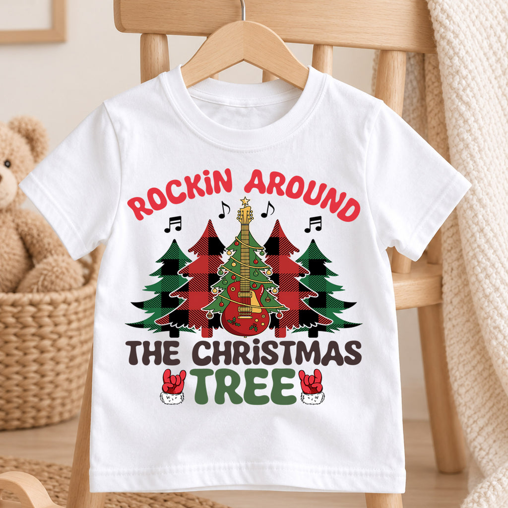 Rockin Around The Christmas Tree Shirt, Retro Holiday Tree Tee, Guitar Xmas Kids Outfit, Rock and Roll Holiday Top, Gift For Kids Kids Tee — product view 4