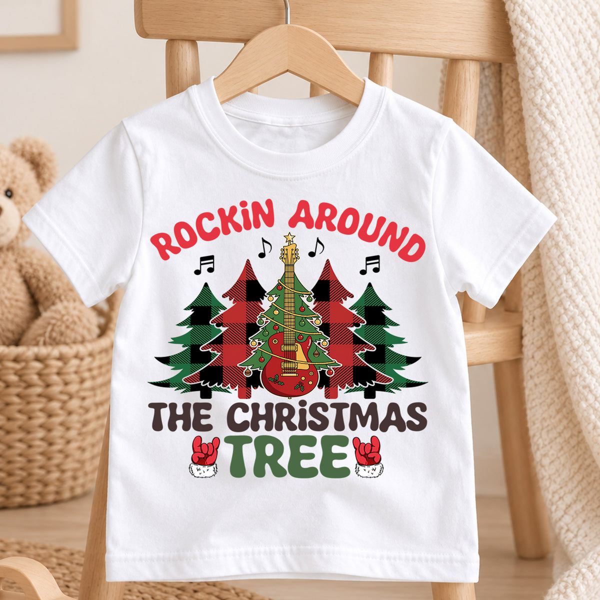 Rockin Around The Christmas Tree Shirt, Retro Holiday Tree Tee, Guitar Xmas Kids Outfit, Rock and Roll Holiday Top, Gift For Kids Kids Tee — product view 4
