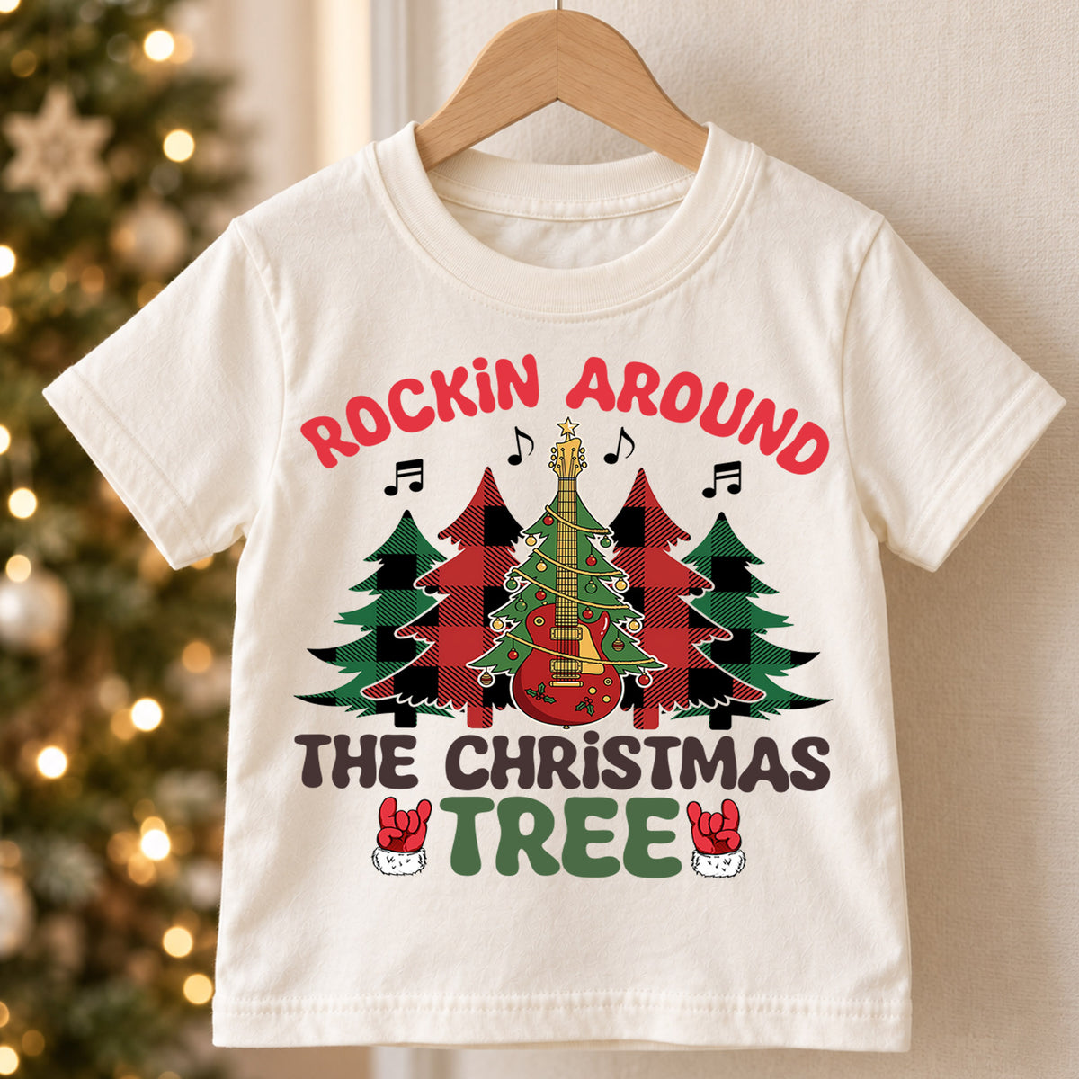 Rockin Around The Christmas Tree Shirt, Retro Holiday Tree Tee, Guitar Xmas Kids Outfit, Rock and Roll Holiday Top, Gift For Kids Kids Tee — product view 5