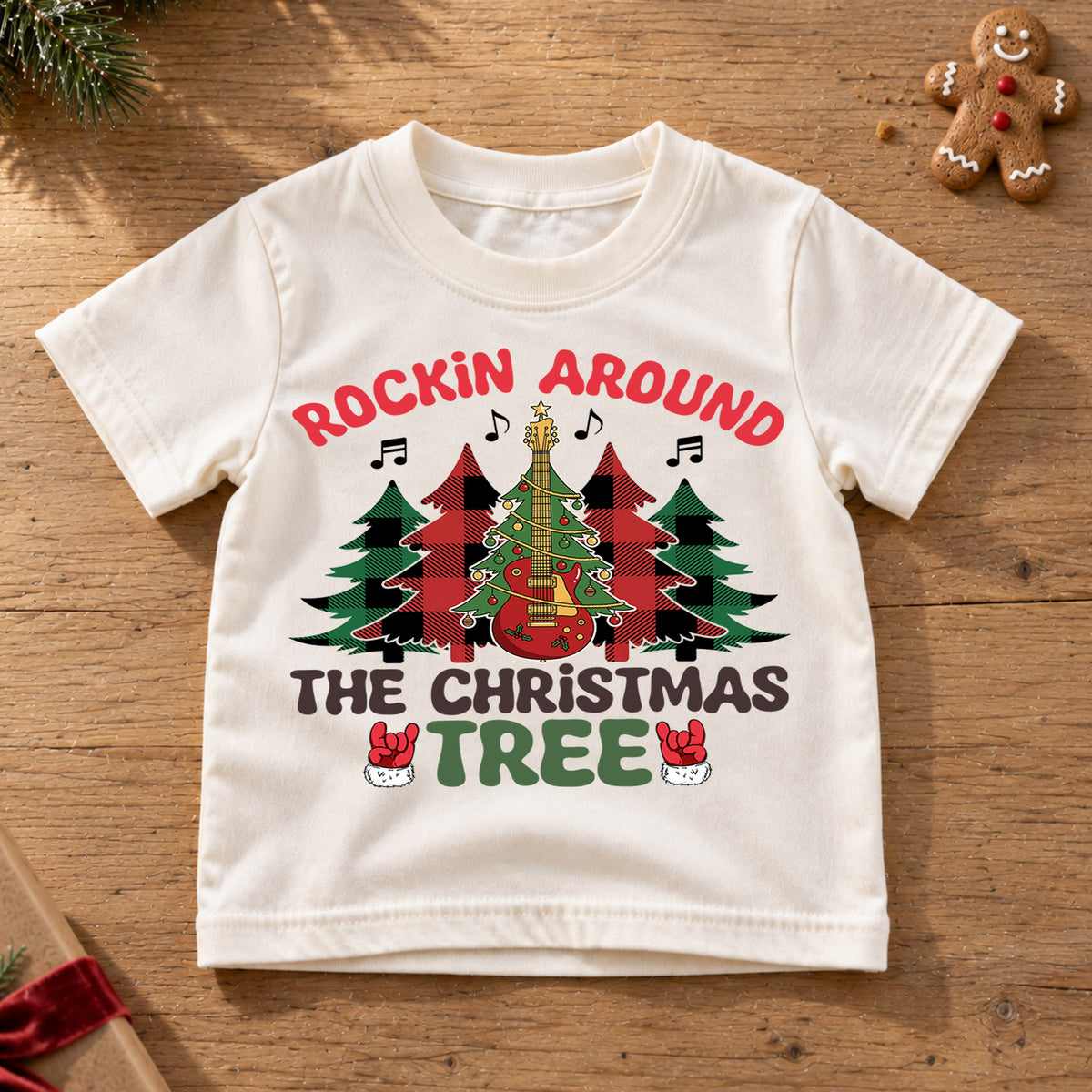 Rockin Around The Christmas Tree Shirt, Retro Holiday Tree Tee, Guitar Xmas Kids Outfit, Rock and Roll Holiday Top, Gift For Kids Kids Tee — product view 6