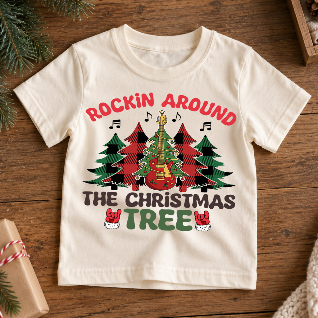 Rockin Around The Christmas Tree Shirt, Retro Holiday Tree Tee, Guitar Xmas Kids Outfit, Rock and Roll Holiday Top, Gift For Kids Kids Tee — product view 7
