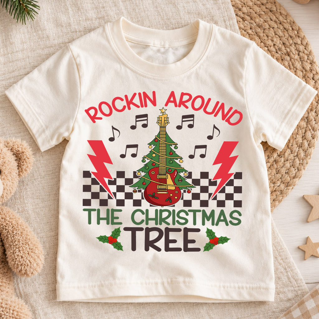 Rockin Around the Christmas Tree Kids Shirt, Guitar Tree Holiday Tee, Music Lover Christmas Outfit, Toddler Xmas Gift for Little Kids — product view 1