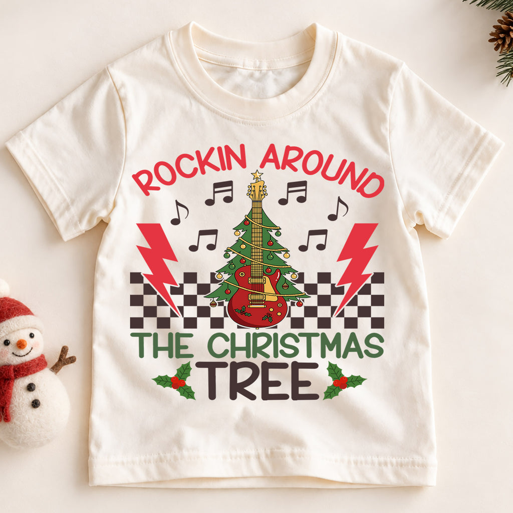 Rockin Around the Christmas Tree Kids Shirt, Guitar Tree Holiday Tee, Music Lover Christmas Outfit, Toddler Xmas Gift for Little Kids — product view 2