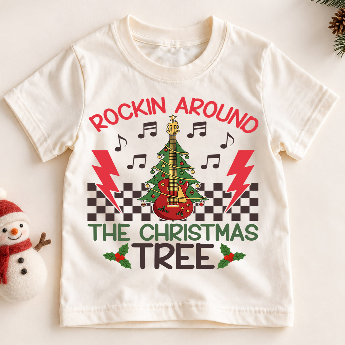 Rockin Around the Christmas Tree Kids Shirt, Guitar Tree Holiday Tee, Music Lover Christmas Outfit, Toddler Xmas Gift for Little Kids — product view 2