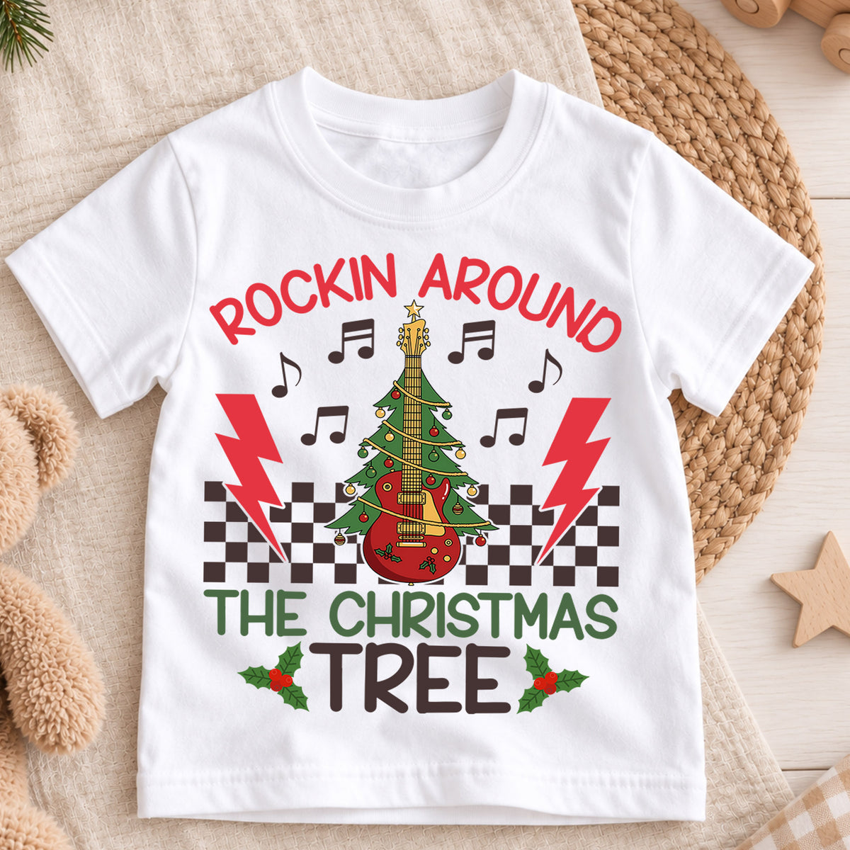 Rockin Around the Christmas Tree Kids Shirt, Guitar Tree Holiday Tee, Music Lover Christmas Outfit, Toddler Xmas Gift for Little Kids — product view 3