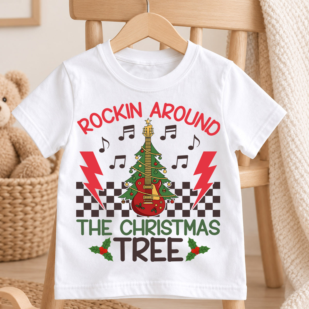 Rockin Around the Christmas Tree Kids Shirt, Guitar Tree Holiday Tee, Music Lover Christmas Outfit, Toddler Xmas Gift for Little Kids — product view 4