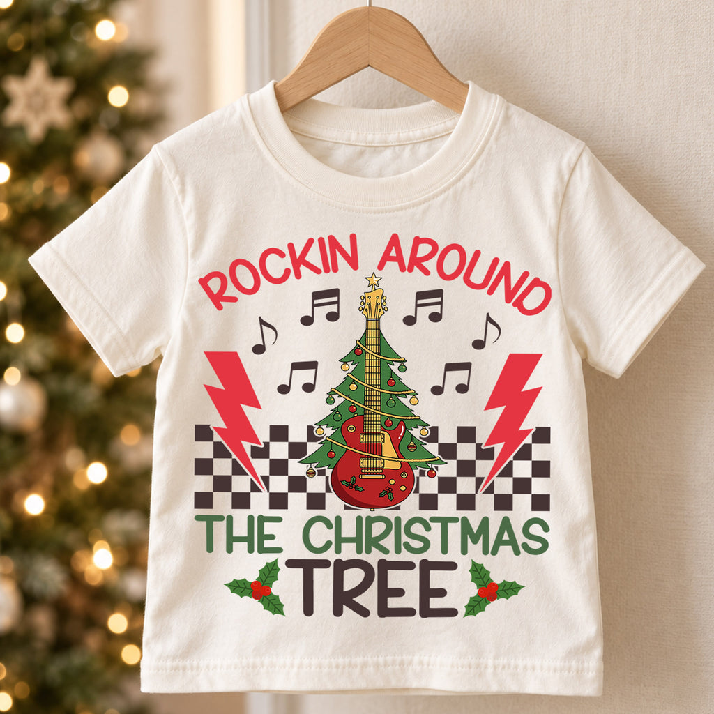 Rockin Around the Christmas Tree Kids Shirt, Guitar Tree Holiday Tee, Music Lover Christmas Outfit, Toddler Xmas Gift for Little Kids — product view 5