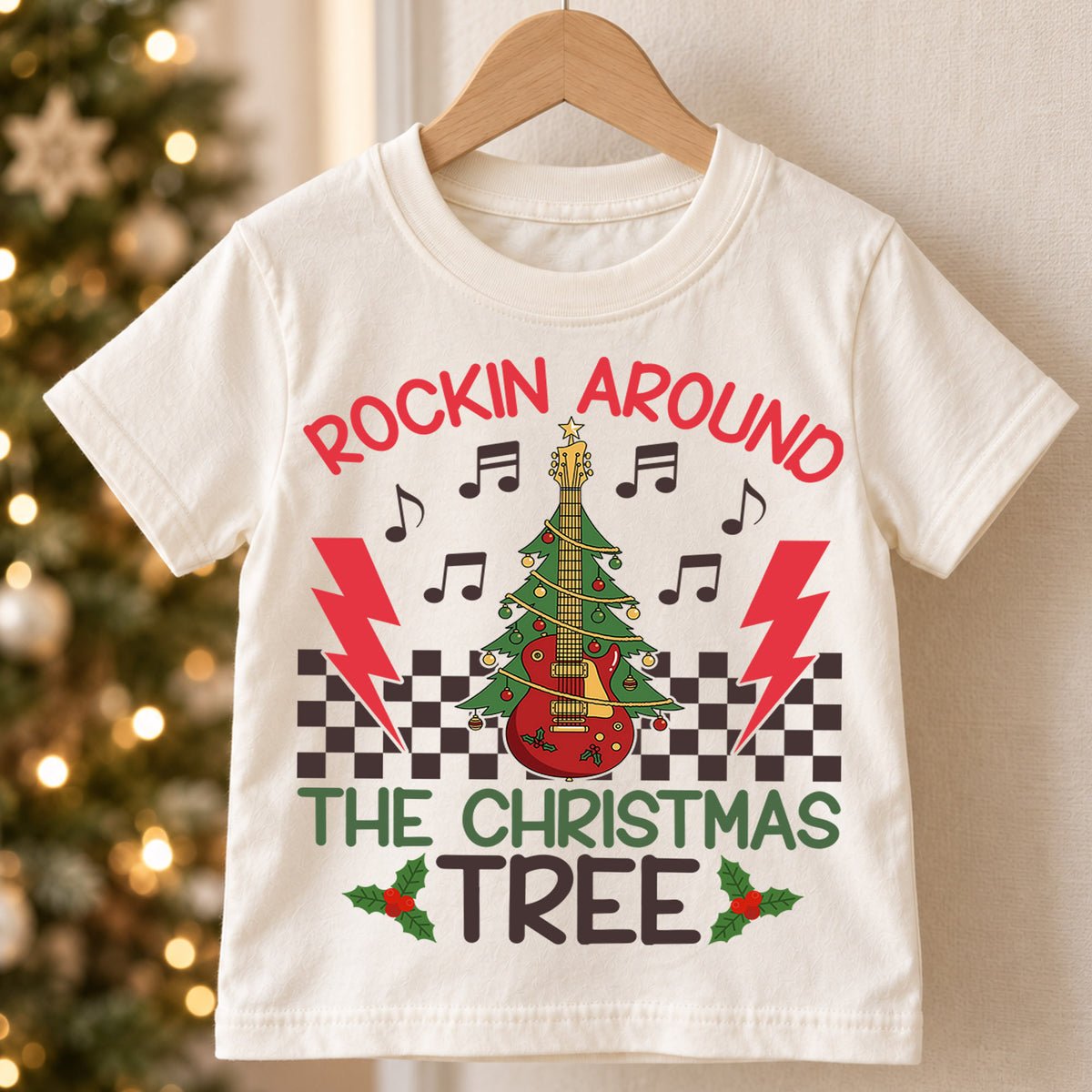 Rockin Around the Christmas Tree Kids Shirt, Guitar Tree Holiday Tee, Music Lover Christmas Outfit, Toddler Xmas Gift for Little Kids — product view 5