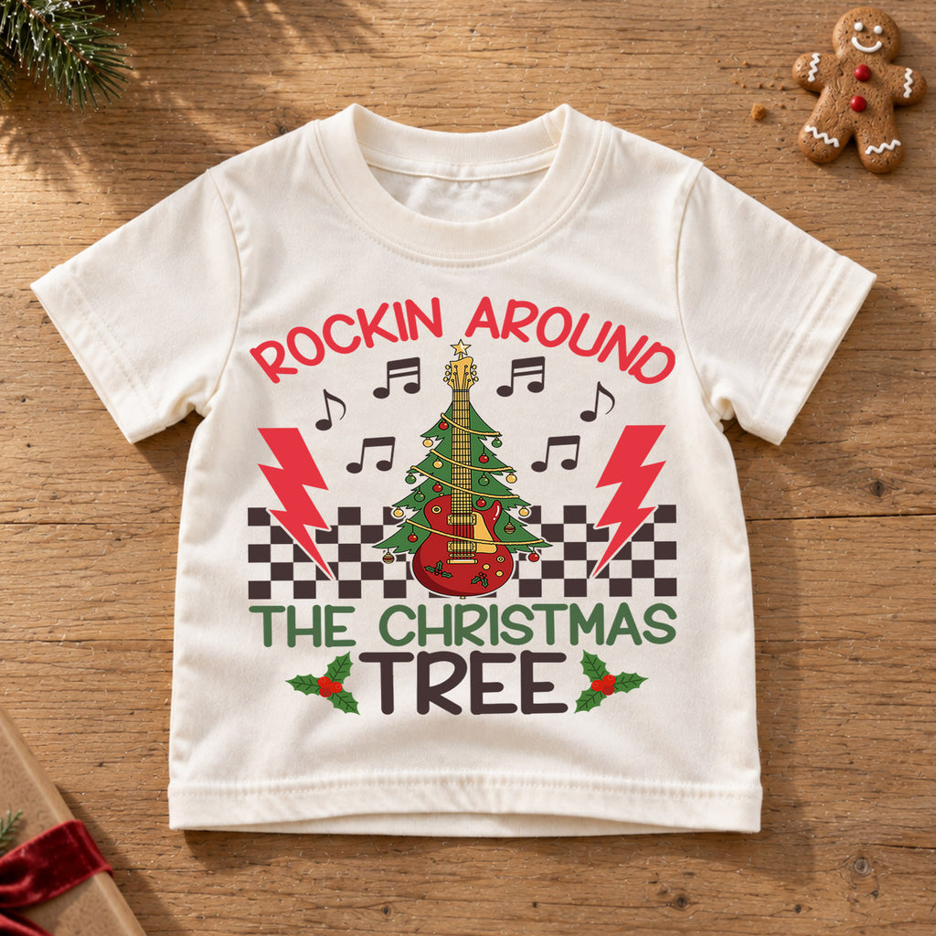 Rockin Around the Christmas Tree Kids Shirt, Guitar Tree Holiday Tee, Music Lover Christmas Outfit, Toddler Xmas Gift for Little Kids — product view 6