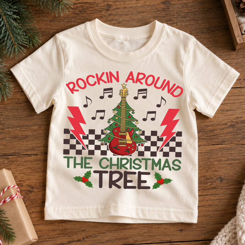 Rockin Around the Christmas Tree Kids Shirt, Guitar Tree Holiday Tee, Music Lover Christmas Outfit, Toddler Xmas Gift for Little Kids — product view 7
