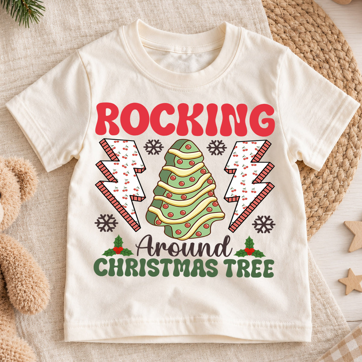 Rocking Around the Christmas Tree Kids Shirt, Retro Holiday Tee, Cute Christmas Tree Outfit, Toddler Xmas Gift, Festive Kids Holiday Top — product view 1