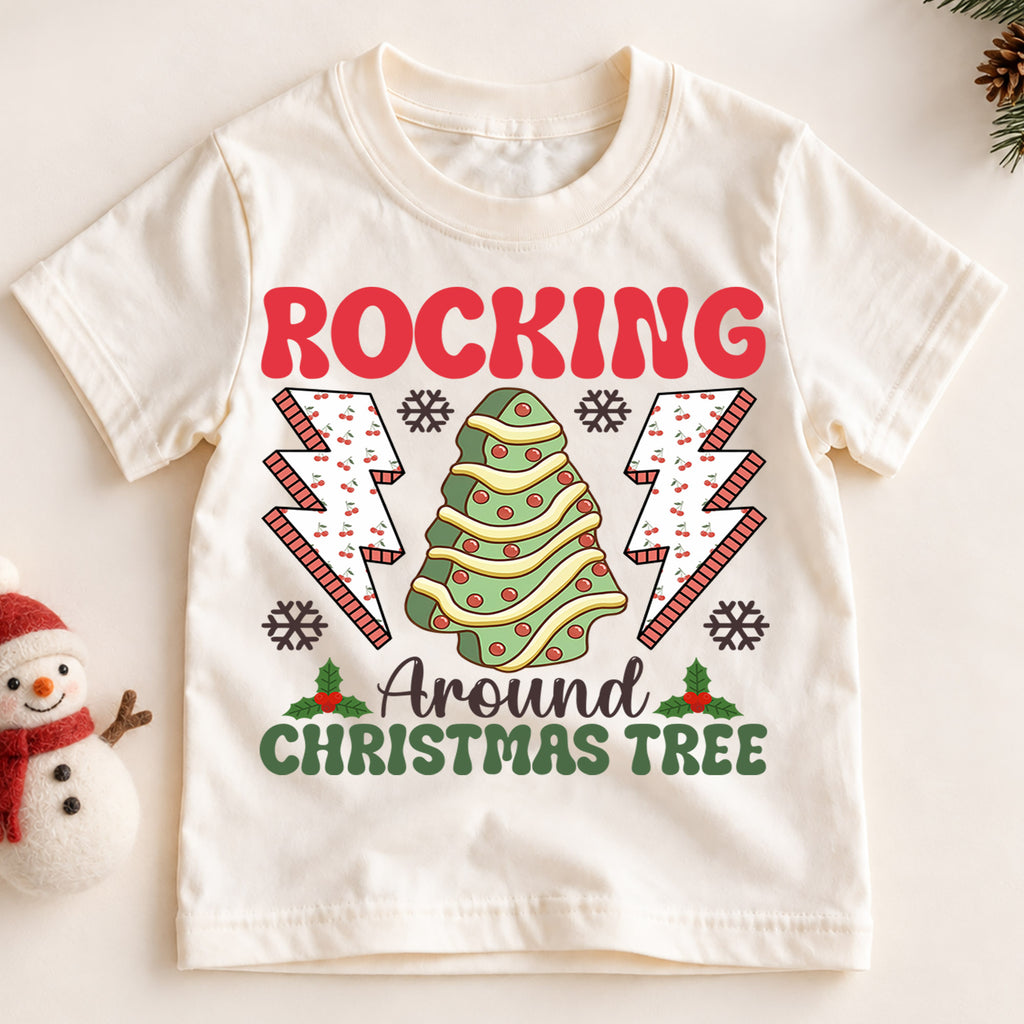 Rocking Around the Christmas Tree Kids Shirt, Retro Holiday Tee, Cute Christmas Tree Outfit, Toddler Xmas Gift, Festive Kids Holiday Top — product view 2