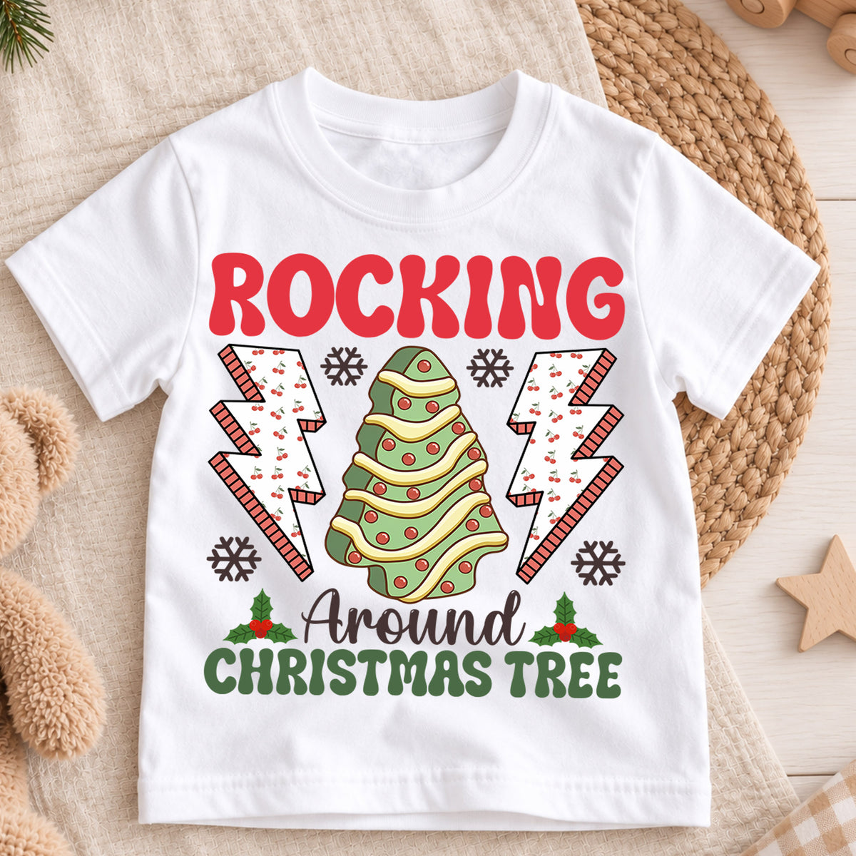 Rocking Around the Christmas Tree Kids Shirt, Retro Holiday Tee, Cute Christmas Tree Outfit, Toddler Xmas Gift, Festive Kids Holiday Top — product view 3