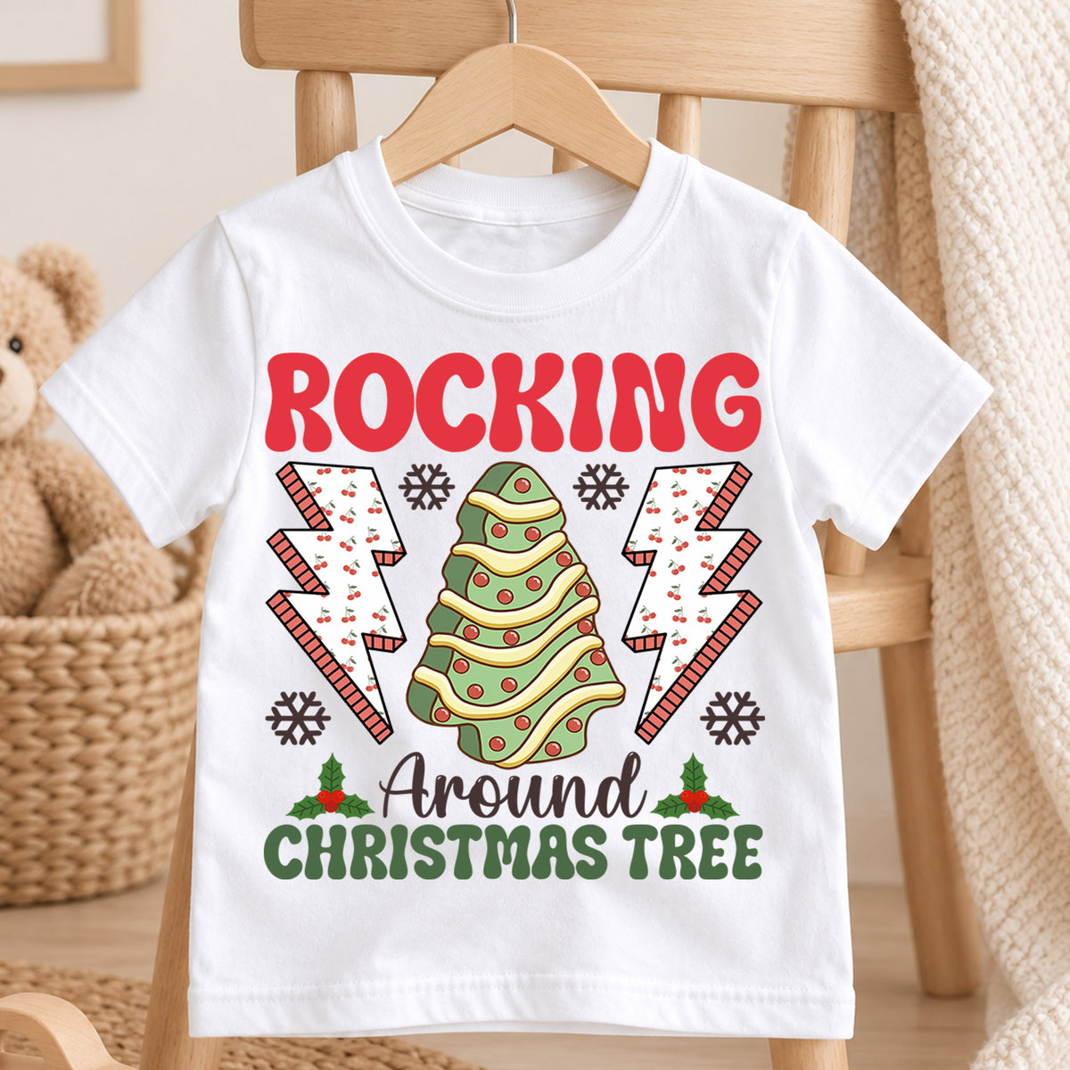 Rocking Around the Christmas Tree Kids Shirt, Retro Holiday Tee, Cute Christmas Tree Outfit, Toddler Xmas Gift, Festive Kids Holiday Top — product view 4