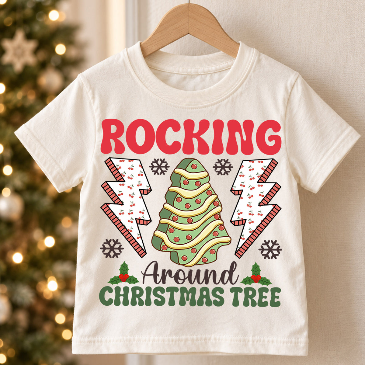 Rocking Around the Christmas Tree Kids Shirt, Retro Holiday Tee, Cute Christmas Tree Outfit, Toddler Xmas Gift, Festive Kids Holiday Top — product view 5