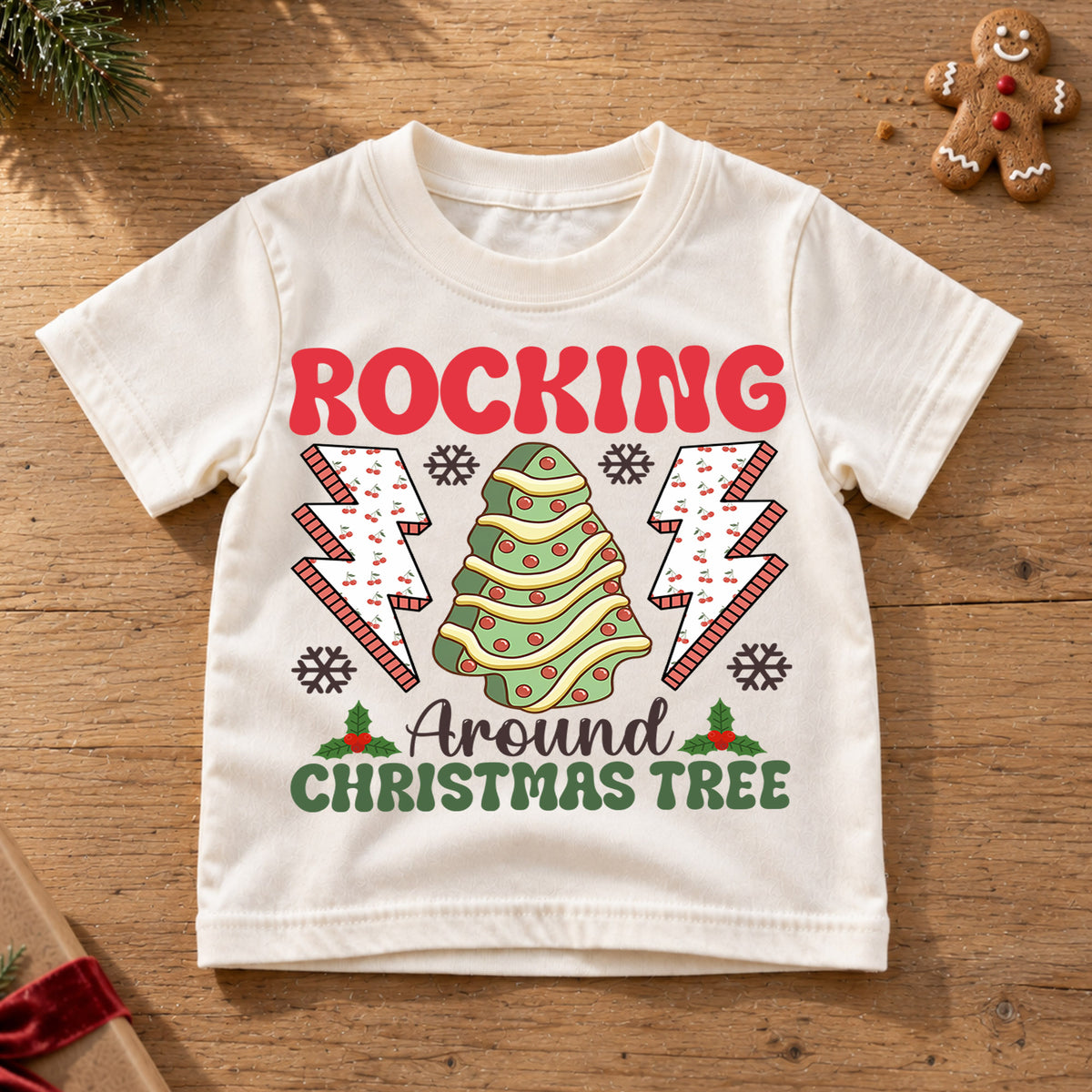 Rocking Around the Christmas Tree Kids Shirt, Retro Holiday Tee, Cute Christmas Tree Outfit, Toddler Xmas Gift, Festive Kids Holiday Top — product view 6