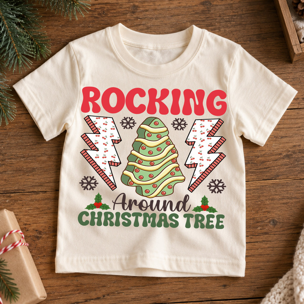 Rocking Around the Christmas Tree Kids Shirt, Retro Holiday Tee, Cute Christmas Tree Outfit, Toddler Xmas Gift, Festive Kids Holiday Top — product view 7